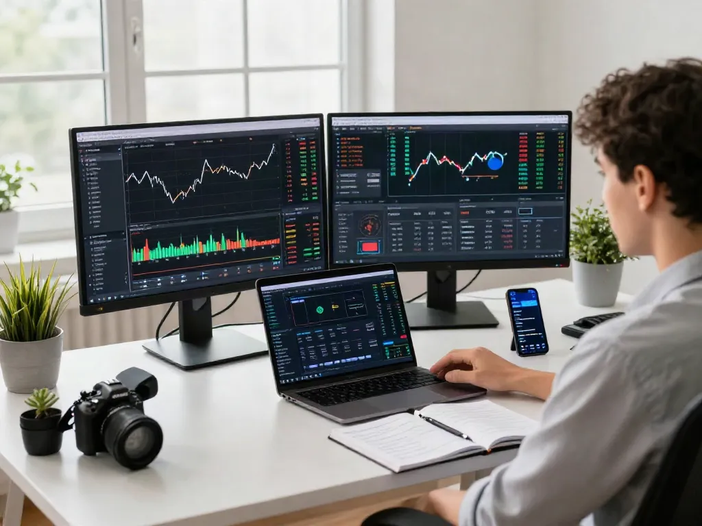 Espaces de trading modernes avec couponeau, affichant des graphiques de marché et des signaux assistés par IA.