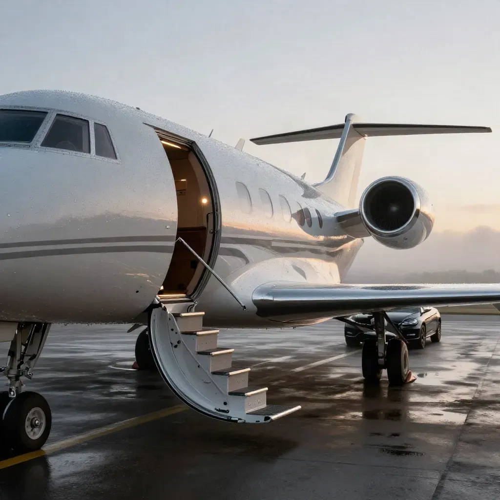 Jet privé argenté sur l’aire de Nice, porte ouverte et escalier allumé dans la bruine du matin