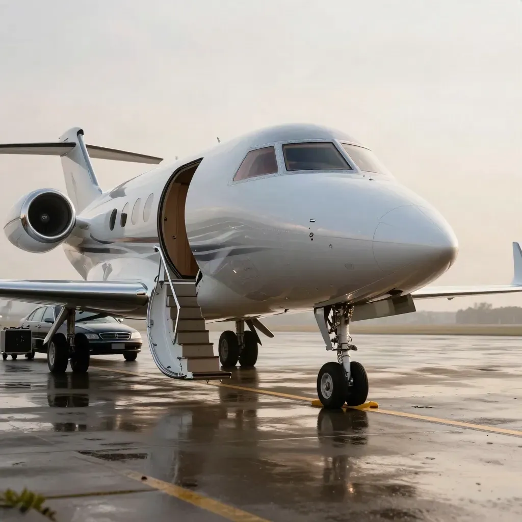 Jet privé sur tarmac humide avec escalier compact, berline de transfert et chariot bagage.