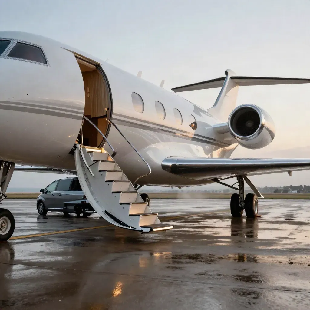 Jet privé éclairé à Nice avec berline de transfert sur piste humide après la pluie.