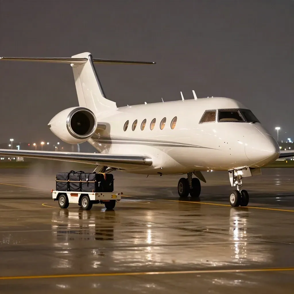Jet privé de nuit sur piste mouillée, soute fermée et chariot bagages rangé.