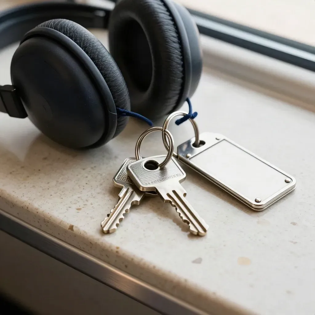 Kit d’affrètement avec clés piste, casque et badge sur un bench de dispatch.