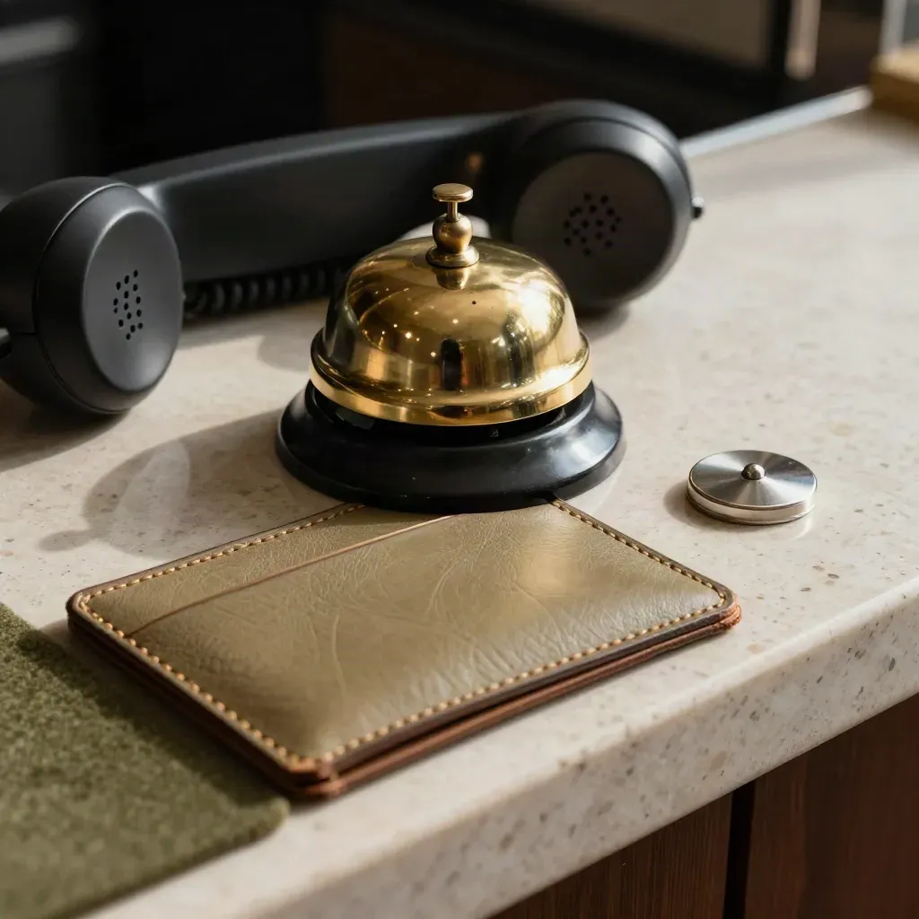 Gros plan d’un téléphone haut de gamme, d’un étui carte en cuir et d’une cloche en laiton.