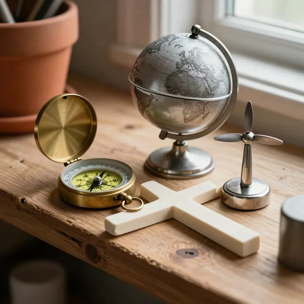 Nature morte de route planning aérien avec boussole, globe alu, hélice et pierres de repère.