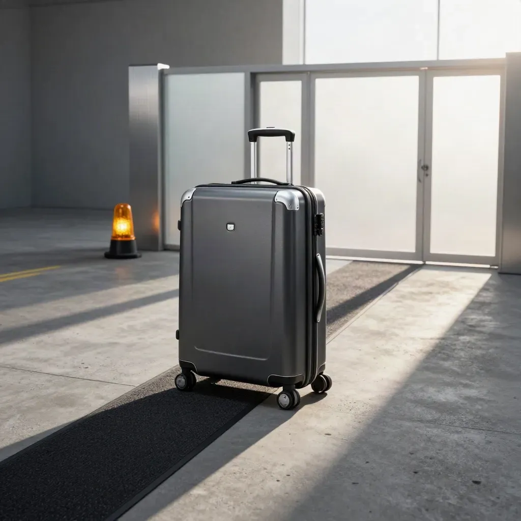 Valise cabine, tapis noir et porte d’embarquement miniature sur béton clair.