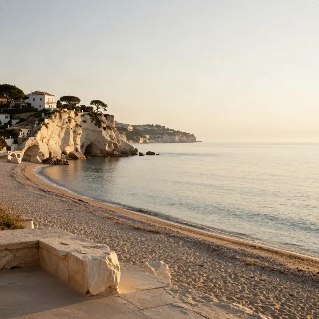 Baie de Nice au soleil doré, falaises pâles, mer calme et villas en surplomb.